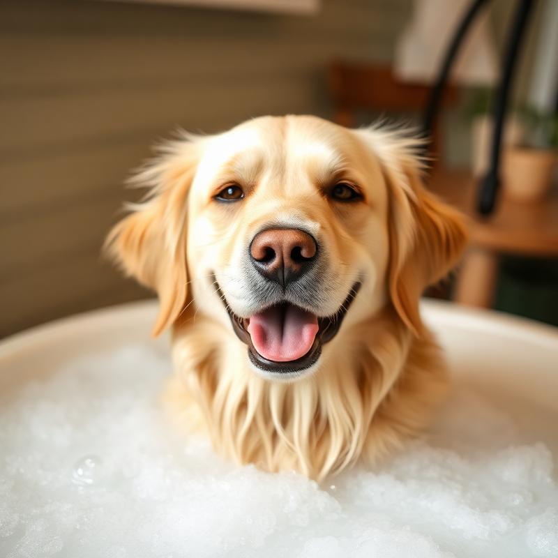 Happy golden in bubble bath
